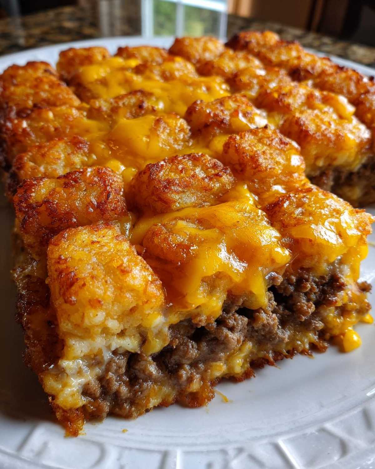 A close-up slice of baked tater tot casserole showing a layer of seasoned ground beef topped with melted cheddar cheese and crispy tater tots.