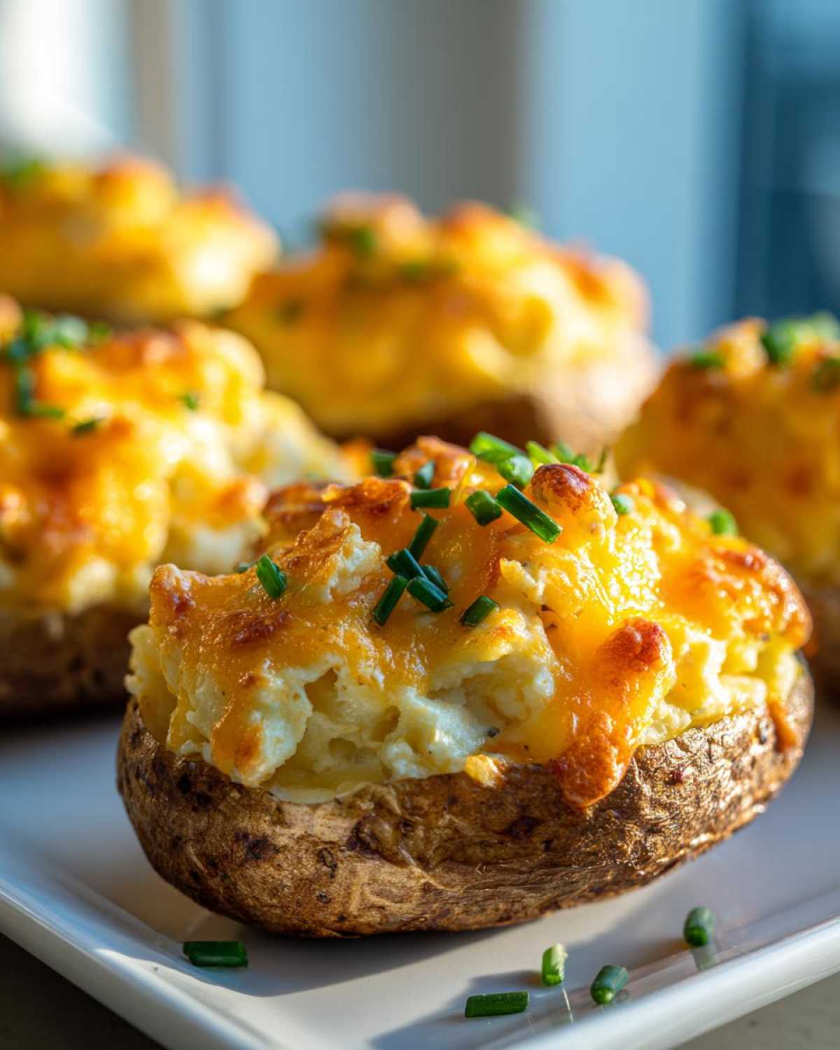 A close-up of a perfectly golden twice baked potato stuffed with creamy filling and melted cheddar cheese, topped with fresh chives.