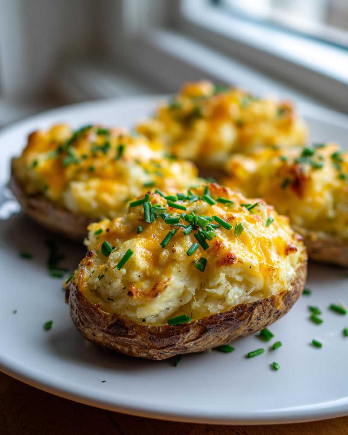 Four golden brown twice baked potatoes stuffed with creamy filling, topped with melted cheddar cheese and fresh chives.
