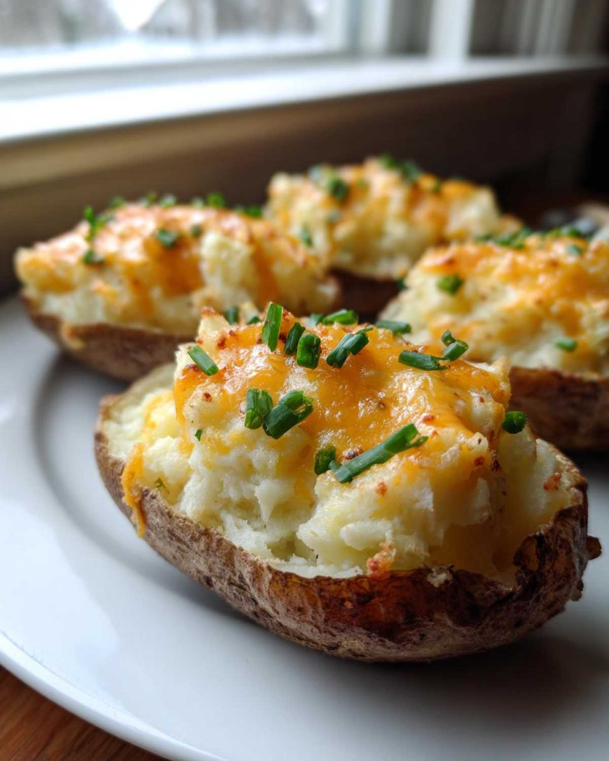 Four cheesy twice baked potatoes stuffed with creamy filling and topped with melted cheddar and fresh chives.