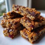 A close-up stack of chewy homemade granola bars featuring oats, chocolate chunks, and dried fruit on a white plate.