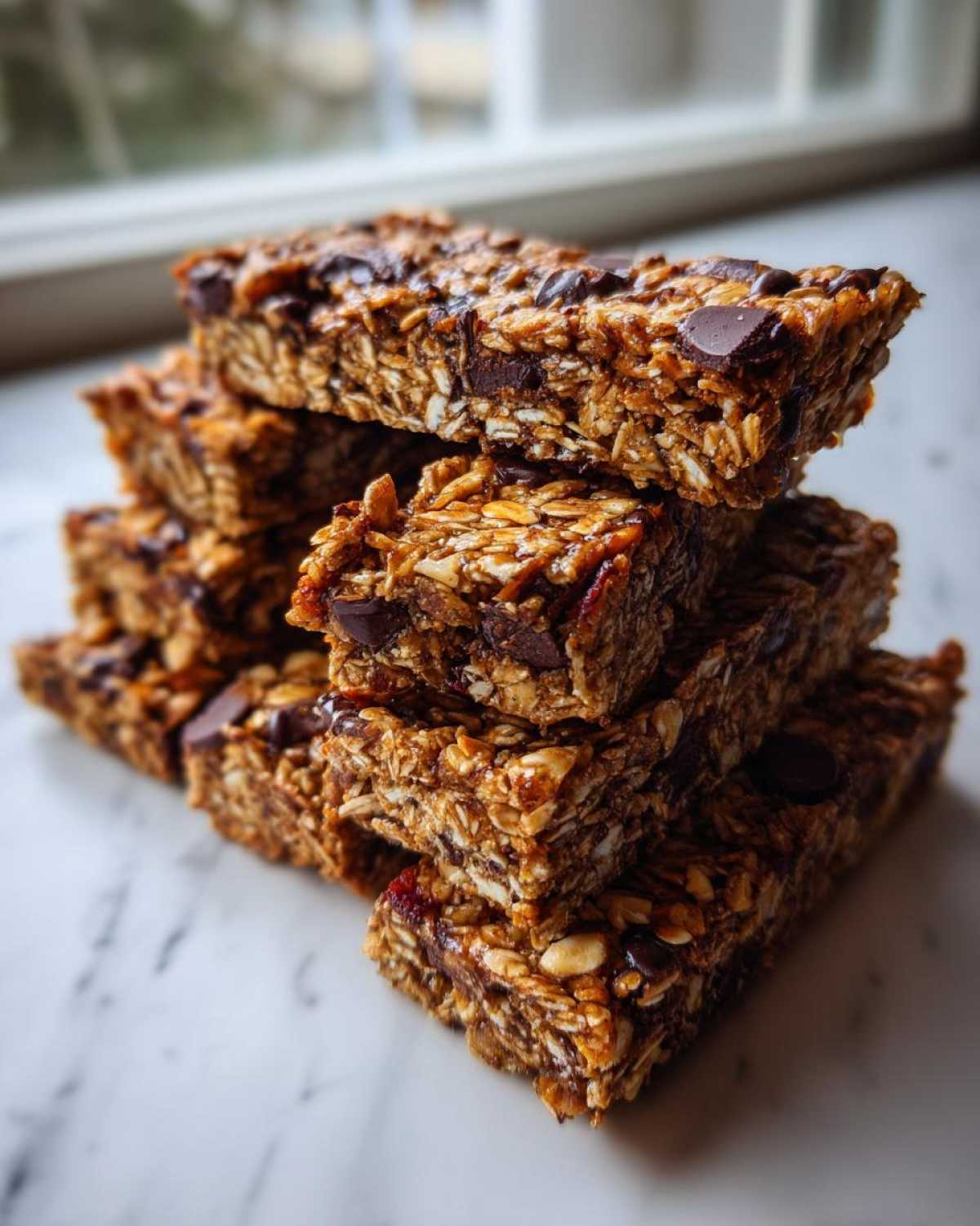 A stack of chewy homemade granola bars loaded with oats and chocolate chips resting on a white marble surface.