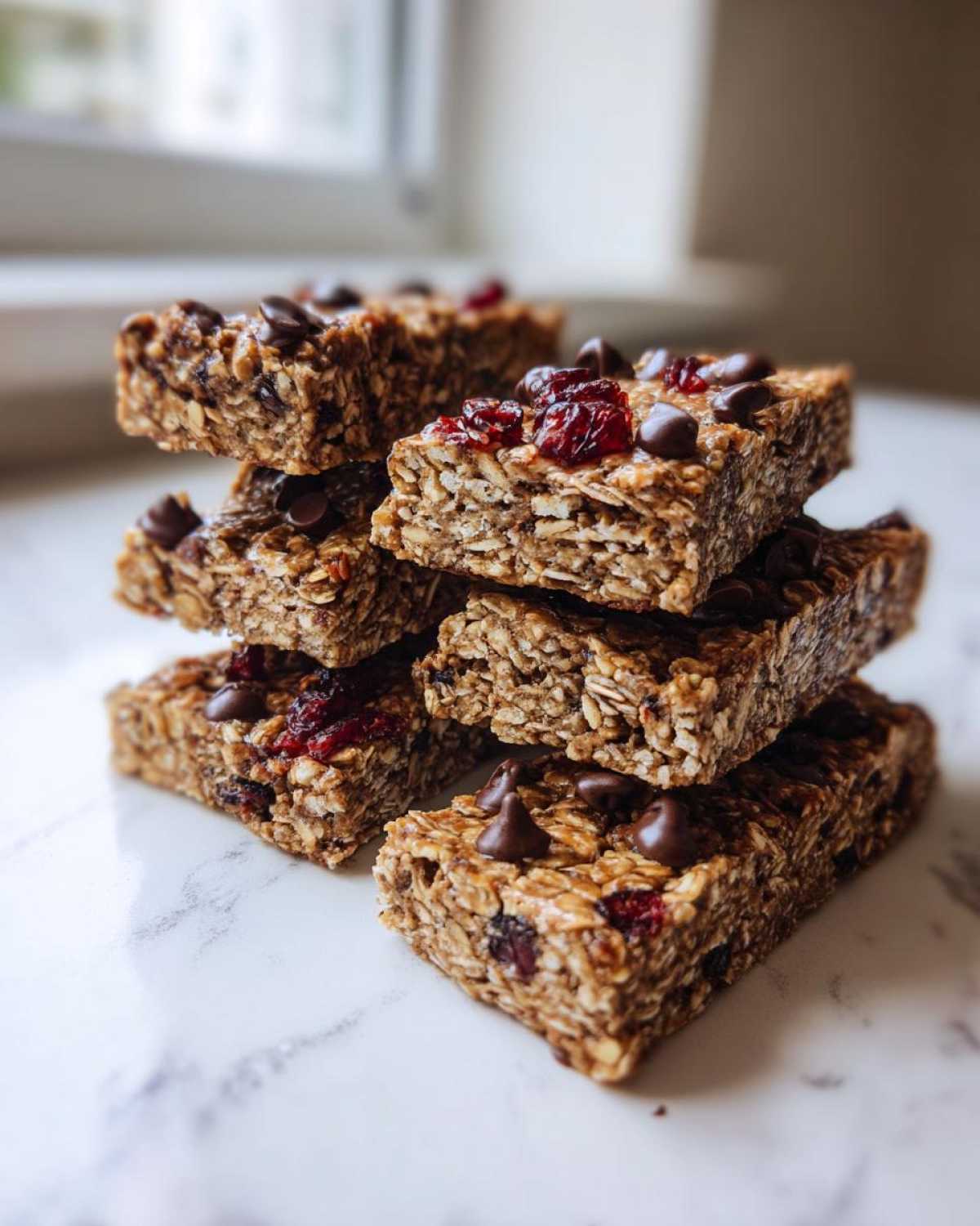 A stack of chewy homemade granola bars topped with chocolate chips and dried cranberries, resting on a white marble surface.