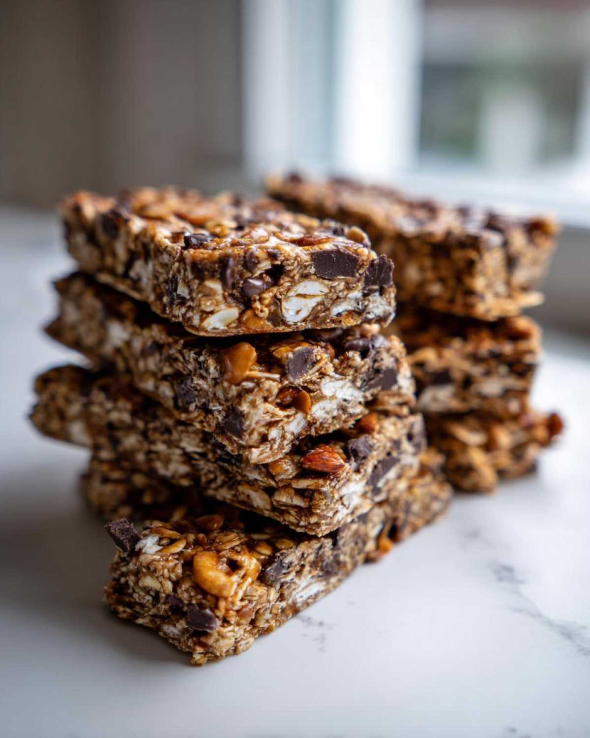 A stack of chewy homemade granola bars loaded with oats, nuts, and chocolate chips, sitting on a white marble surface.