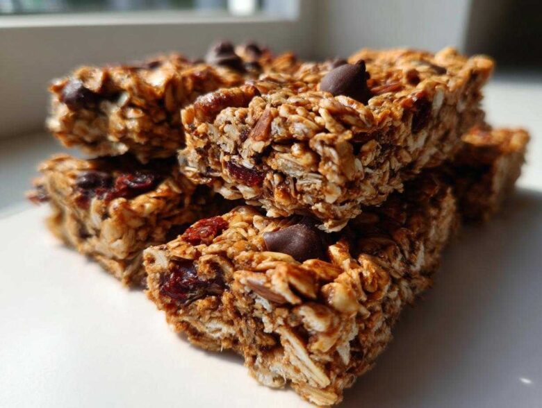 A stack of chewy homemade granola bars featuring oats, dried fruit, and chocolate chips, brightly lit.