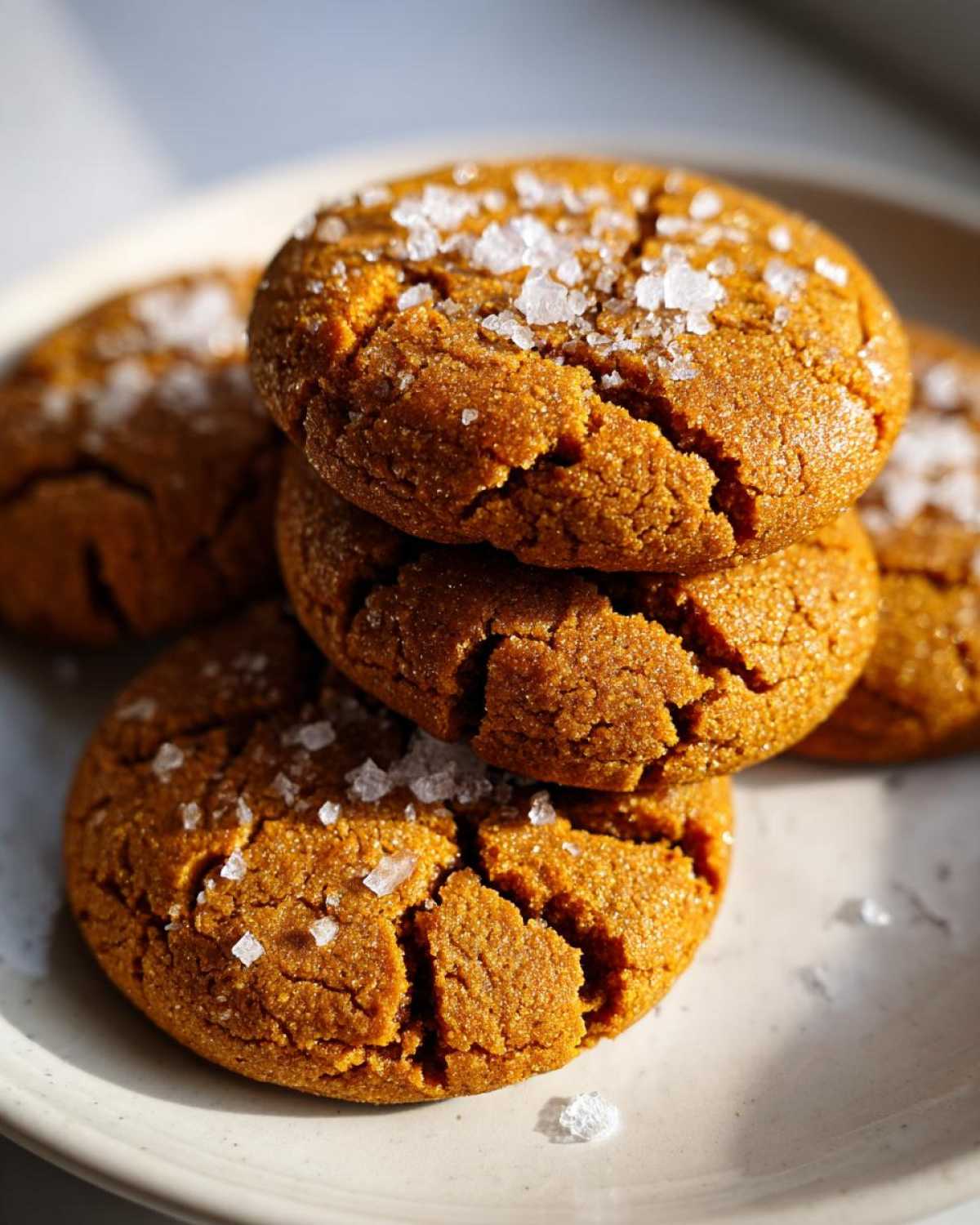A stack of three golden brown, chewy salted honey cookies topped with large flakes of sea salt.