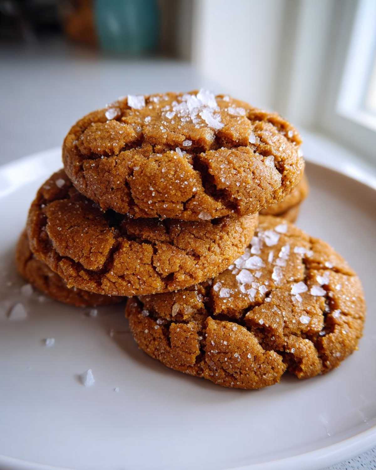 A stack of three golden brown, cracked Chewy Salted Honey Cookies topped with large flakes of sea salt.