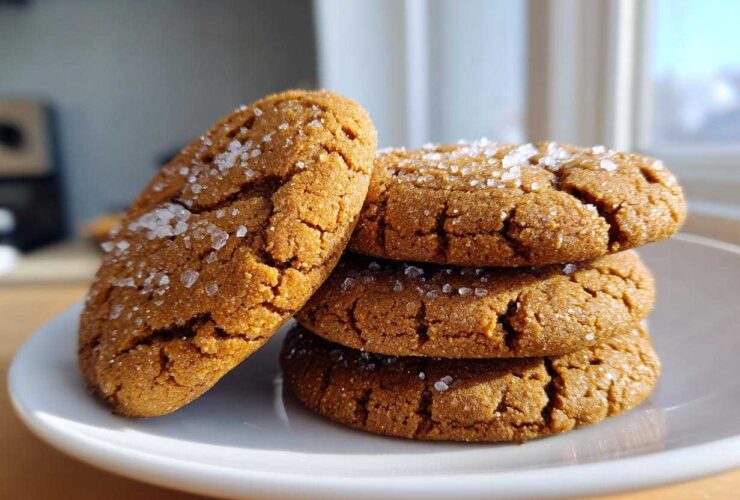 A stack of three chewy salted honey cookies, topped with flaky sea salt crystals, resting on a white plate.