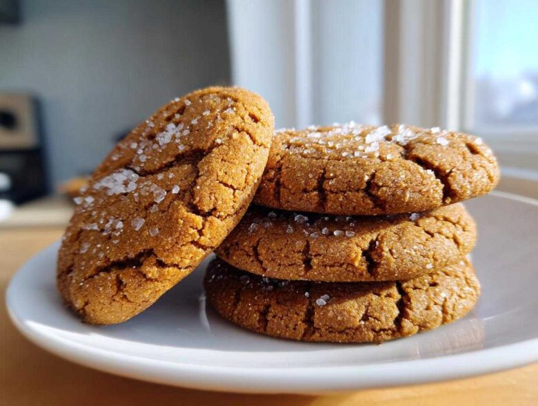 A stack of three chewy salted honey cookies, topped with flaky sea salt crystals, resting on a white plate.