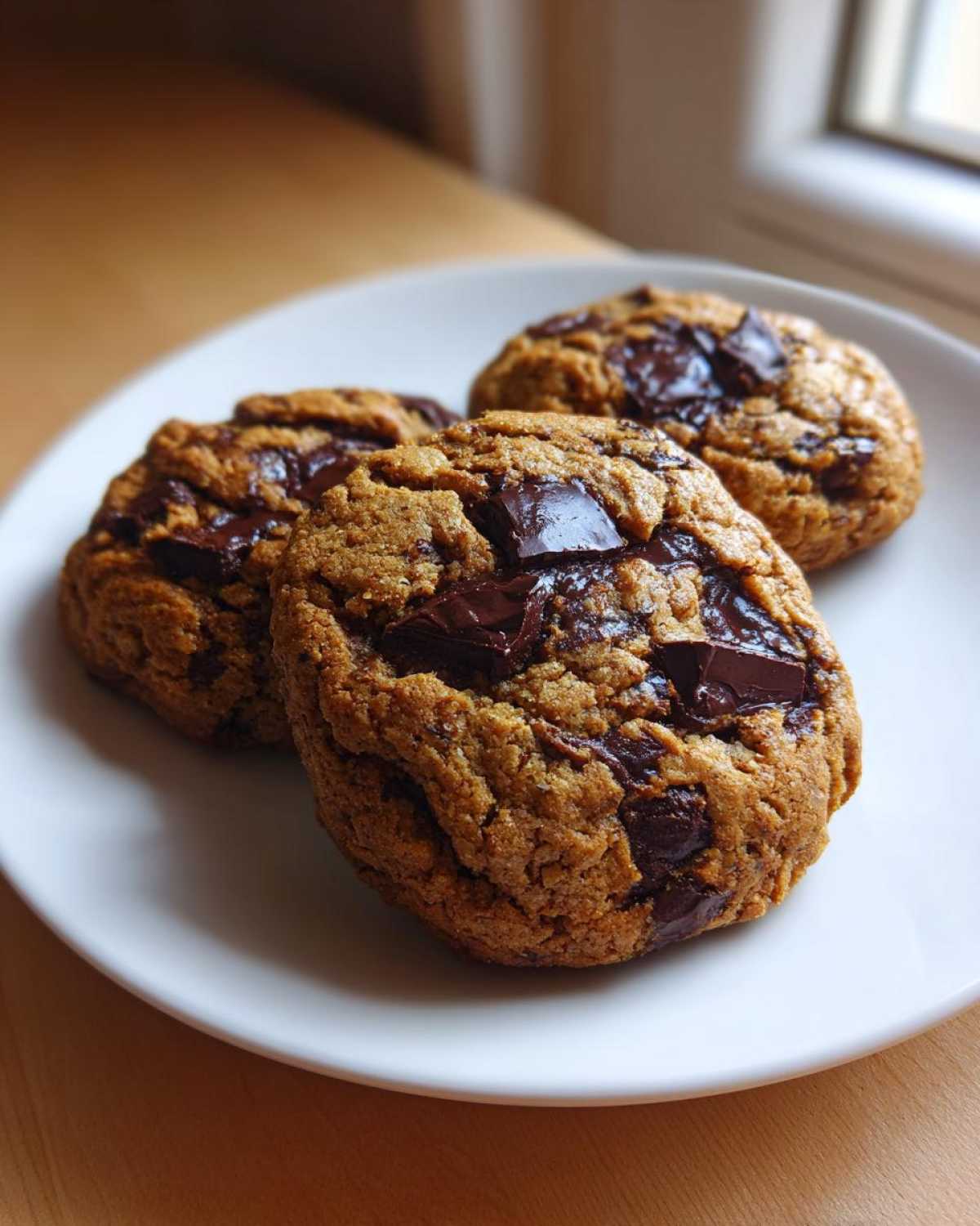 Three thick, chewy sourdough chocolate chip cookies loaded with melted chocolate chunks, resting on a white plate.