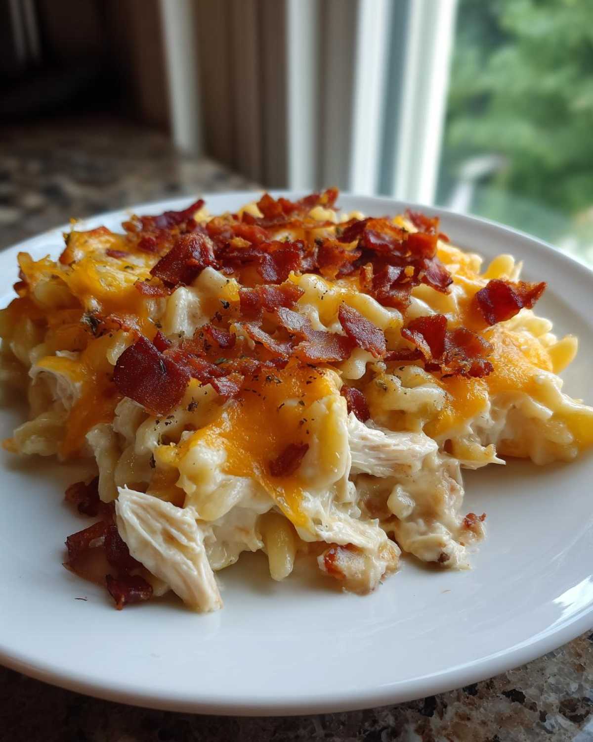 A close-up serving of creamy Chicken Bacon Ranch Casserole topped generously with melted cheddar cheese and crispy bacon bits.