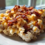 Close-up of a creamy portion of Chicken Bacon Ranch Casserole topped with melted cheddar and crispy bacon bits.