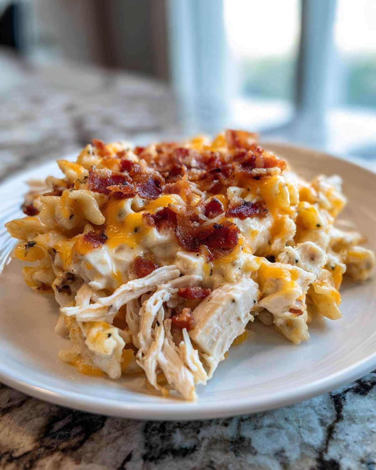 Close-up of a serving of creamy Chicken Bacon Ranch Casserole topped with melted cheese and crispy bacon bits.