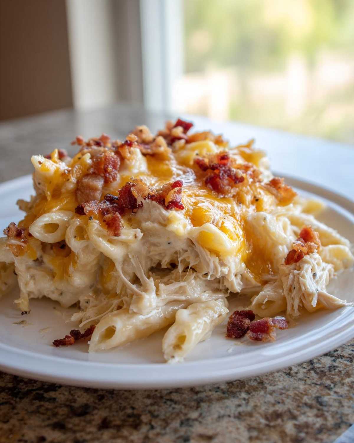 A close-up serving of creamy Chicken Bacon Ranch Casserole topped with melted cheddar cheese and crispy bacon bits.