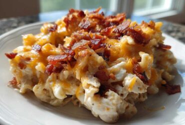 Close-up of a creamy portion of Chicken Bacon Ranch Casserole topped with melted cheddar and crispy bacon bits.