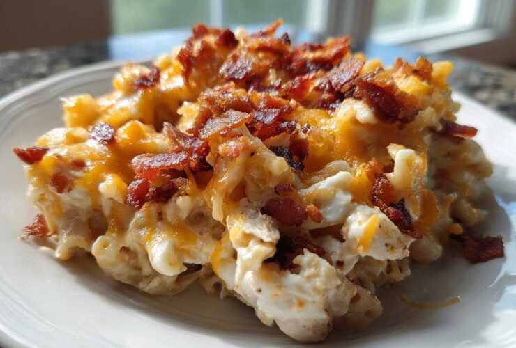 Close-up of a creamy portion of Chicken Bacon Ranch Casserole topped with melted cheddar and crispy bacon bits.