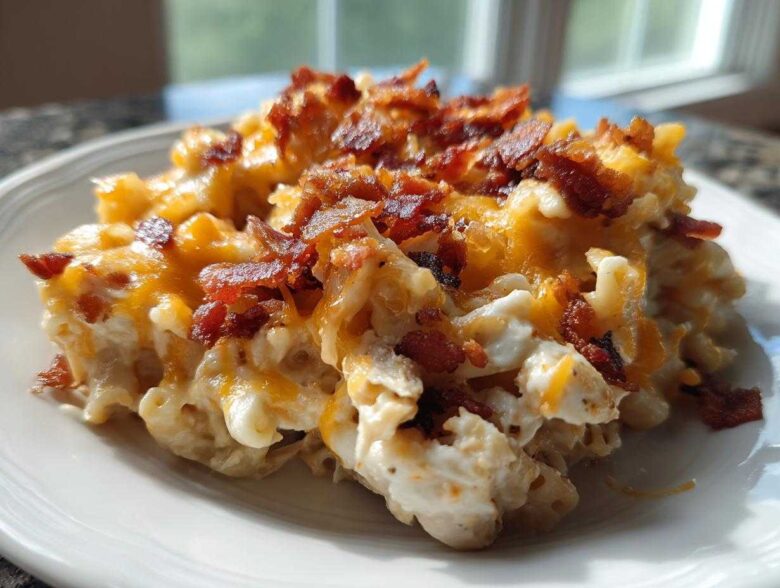 Close-up of a creamy portion of Chicken Bacon Ranch Casserole topped with melted cheddar and crispy bacon bits.