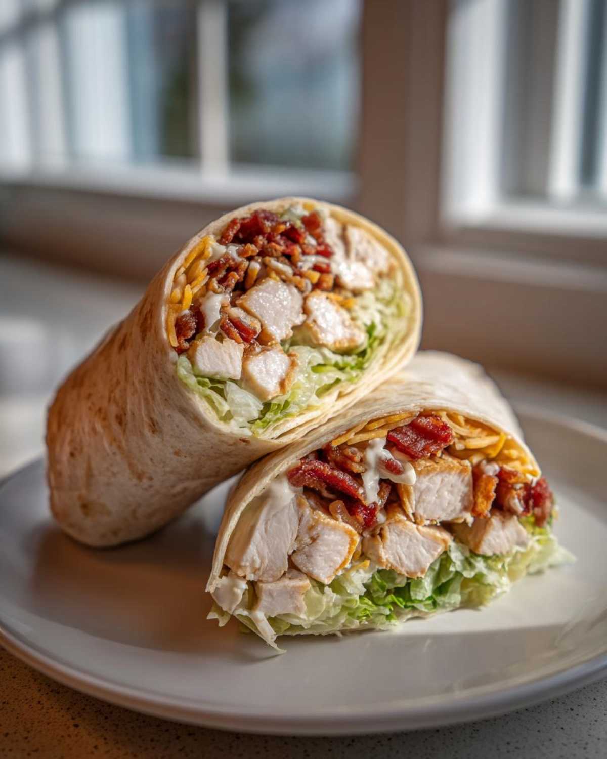 A chicken bacon ranch wrap cut in half, showing chunks of chicken, bacon, lettuce, and ranch dressing.