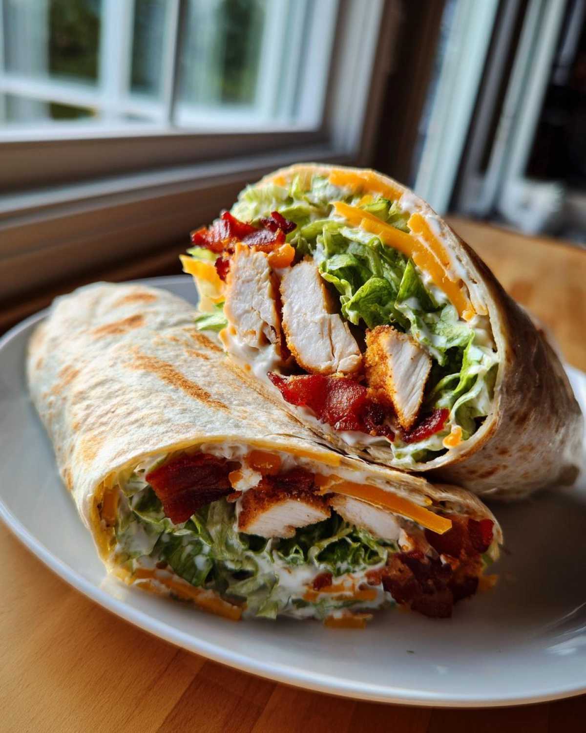 Cross-section view of a chicken bacon ranch wrap filled with crispy chicken, bacon, lettuce, cheese, and ranch dressing.
