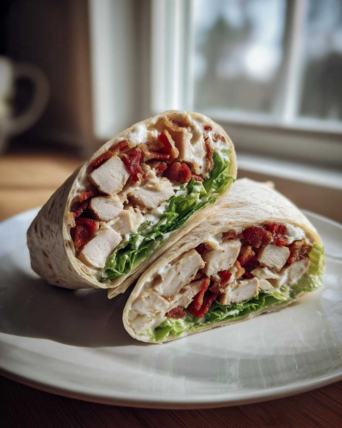 A delicious chicken bacon ranch wrap cut in half, showing chunks of chicken, bacon, lettuce, and ranch dressing.