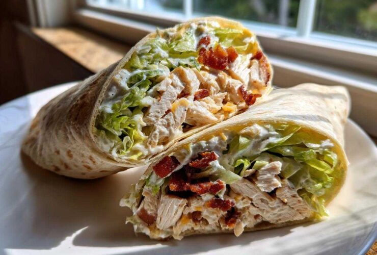 Cross-section view of a chicken bacon ranch wrap filled with shredded chicken, crispy bacon, lettuce, and ranch dressing.