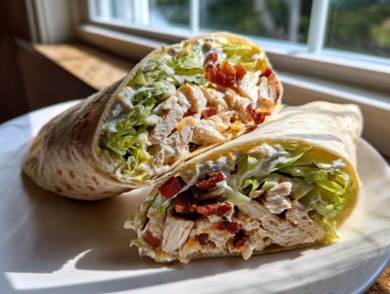 Cross-section view of a chicken bacon ranch wrap filled with shredded chicken, crispy bacon, lettuce, and ranch dressing.