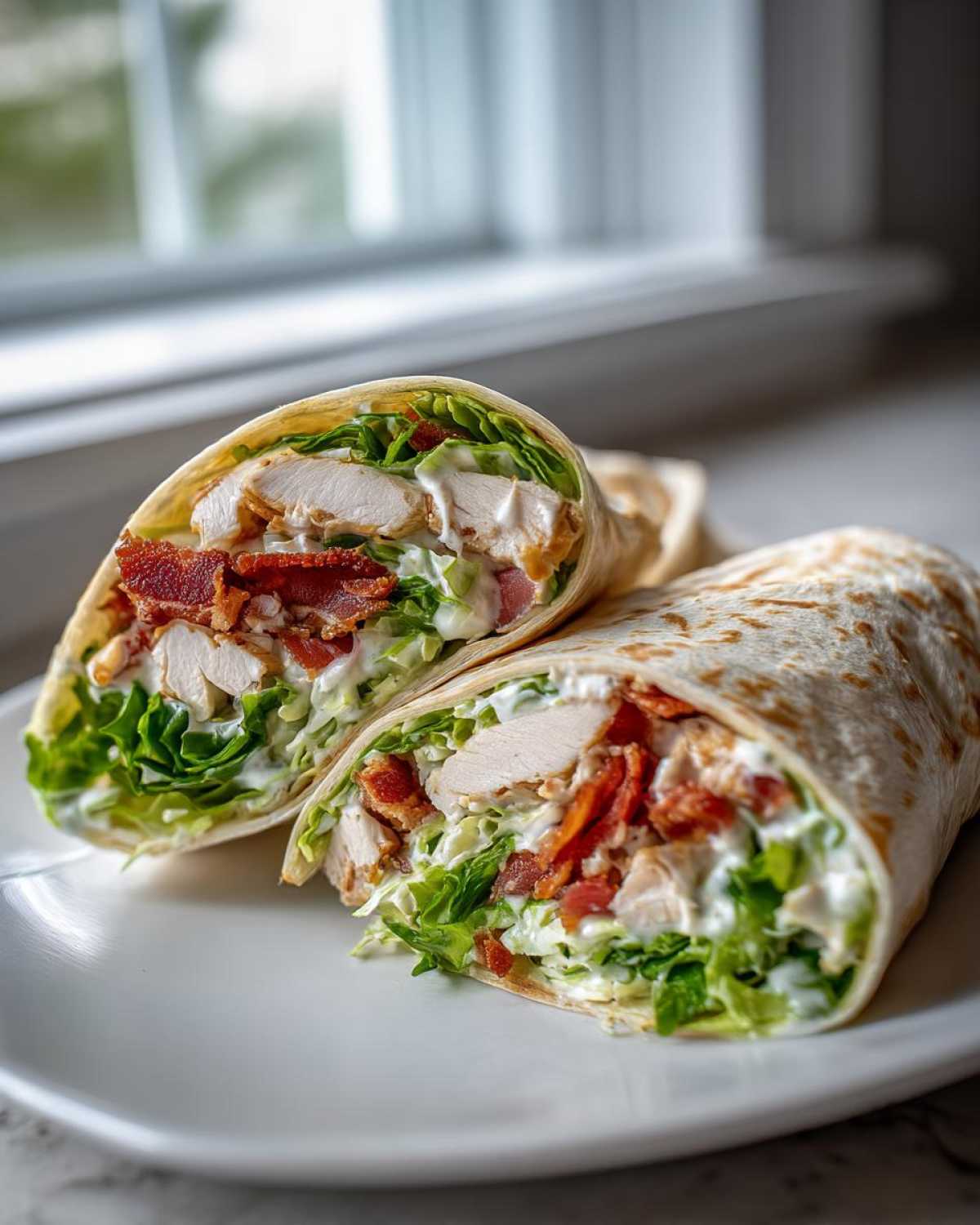 Two halves of a delicious chicken bacon ranch wrap cut in half, showing layers of chicken, bacon, lettuce, and ranch dressing.