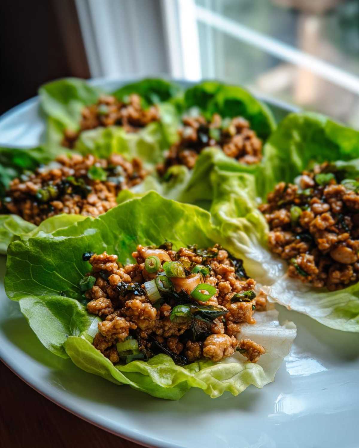 Close-up of several fresh chicken lettuce wraps filled with savory ground chicken mixture and topped with green onions.