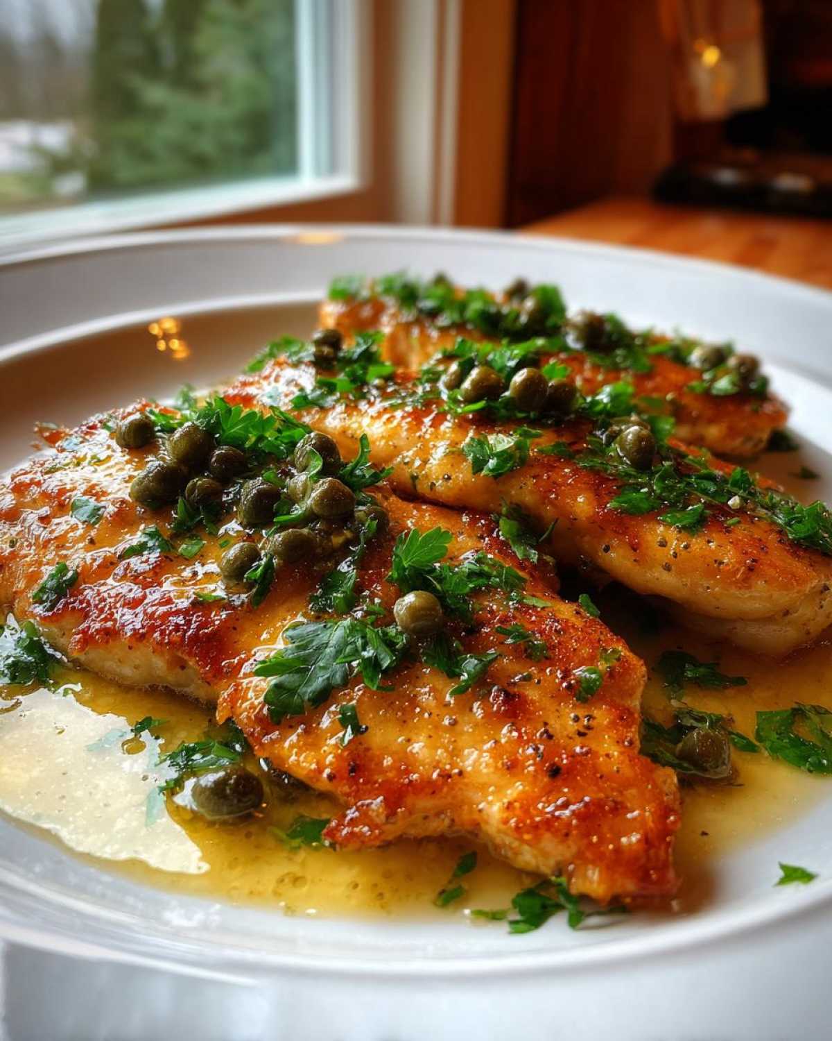 Three golden-brown fillets of chicken piccata swimming in lemon butter sauce, topped generously with capers and fresh parsley.