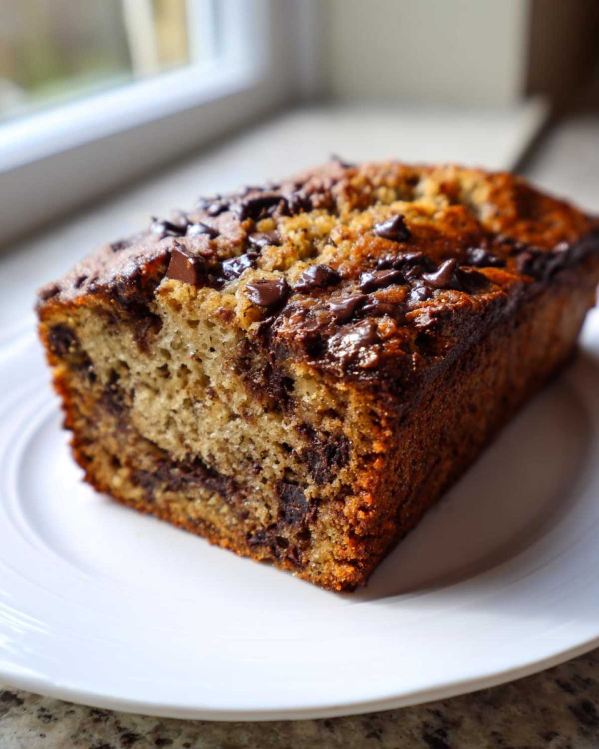 A close-up of a freshly baked loaf of The Chocolate Chip Banana Bread So Moist! with melted chocolate chips on top.
