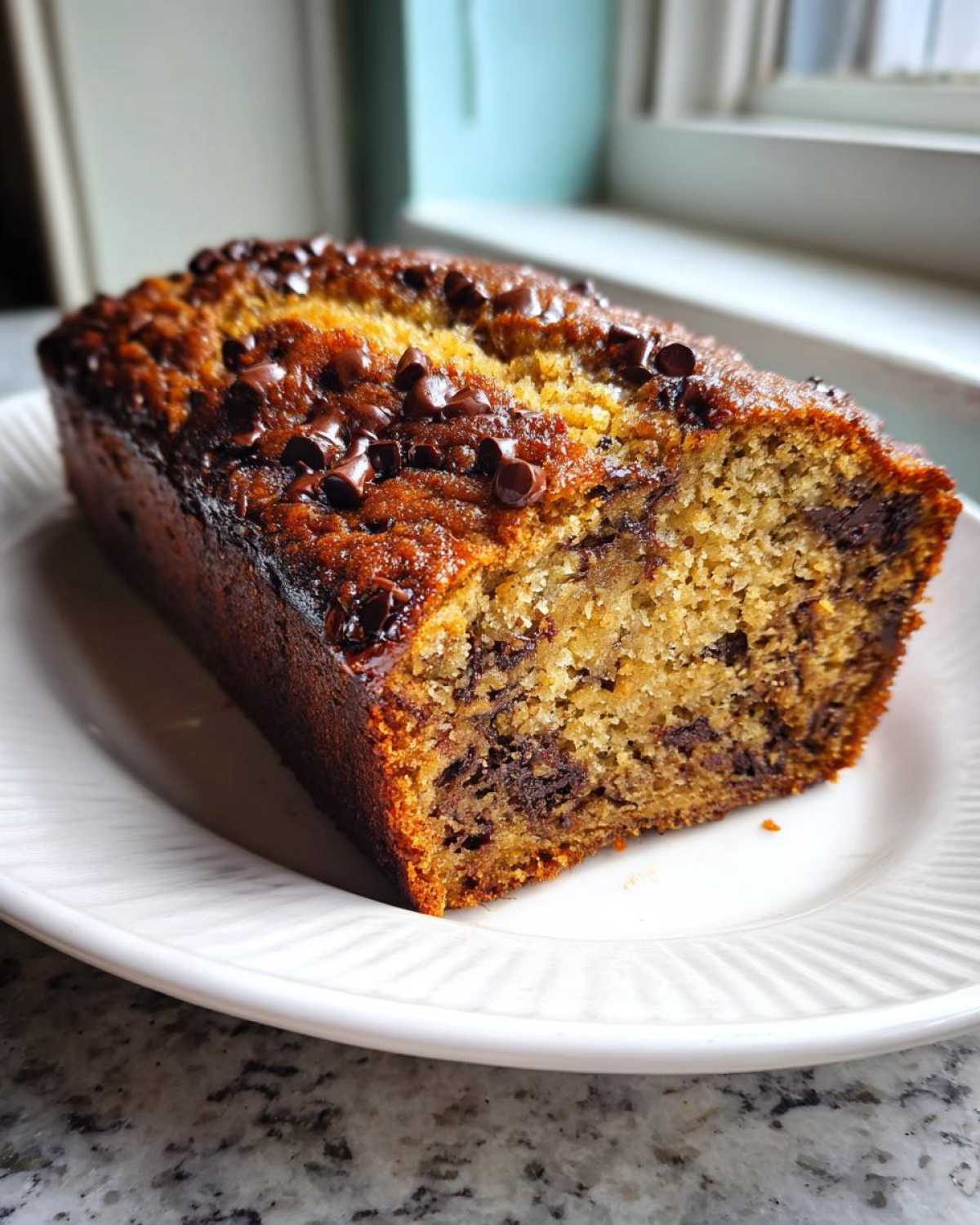 A close-up view of a slice of The Chocolate Chip Banana Bread So Moist! loaf on a white plate.