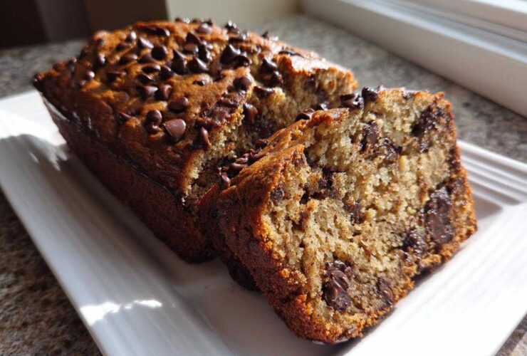 A golden brown loaf of The Chocolate Chip Banana Bread So Moist! with one slice cut and showing rich chocolate chips inside.