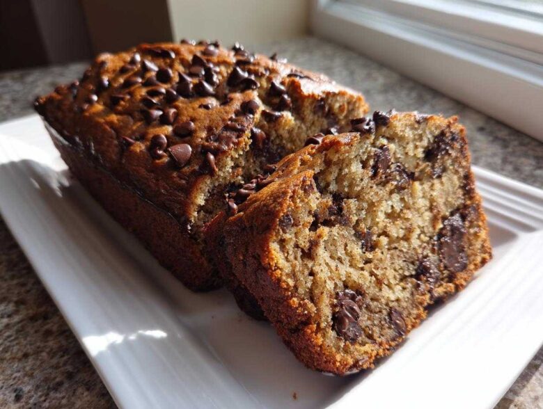 A golden brown loaf of The Chocolate Chip Banana Bread So Moist! with one slice cut and showing rich chocolate chips inside.