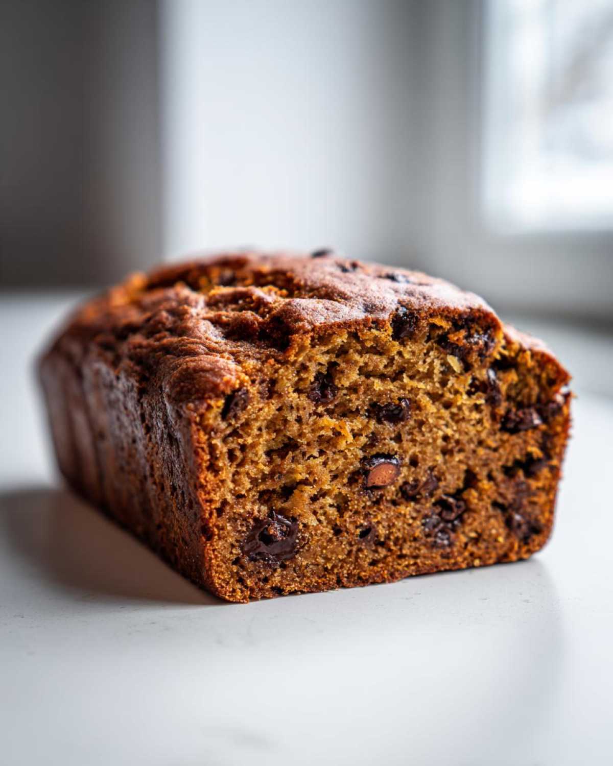 A close-up shot of a freshly baked loaf of vegan banana bread studded with melted chocolate chips.