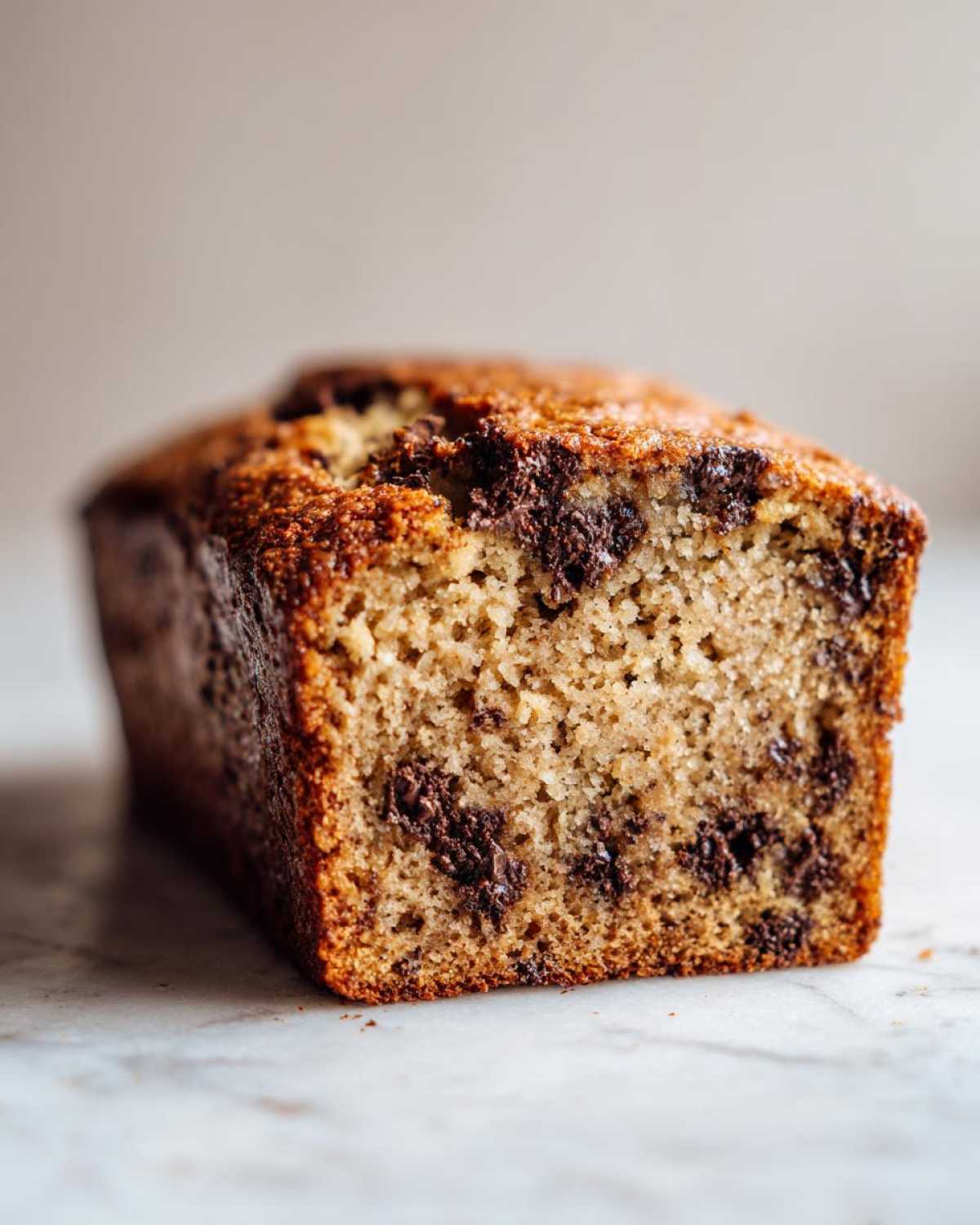 A close-up, cross-section view of a moist chocolate chip vegan banana bread loaf with a golden-brown crust.