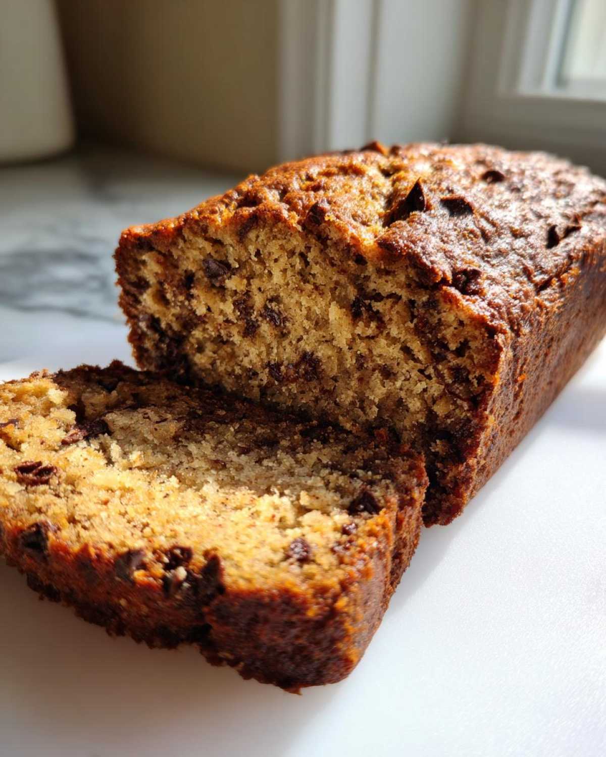 A loaf of moist vegan banana bread with visible chocolate chips, sliced to show the texture.