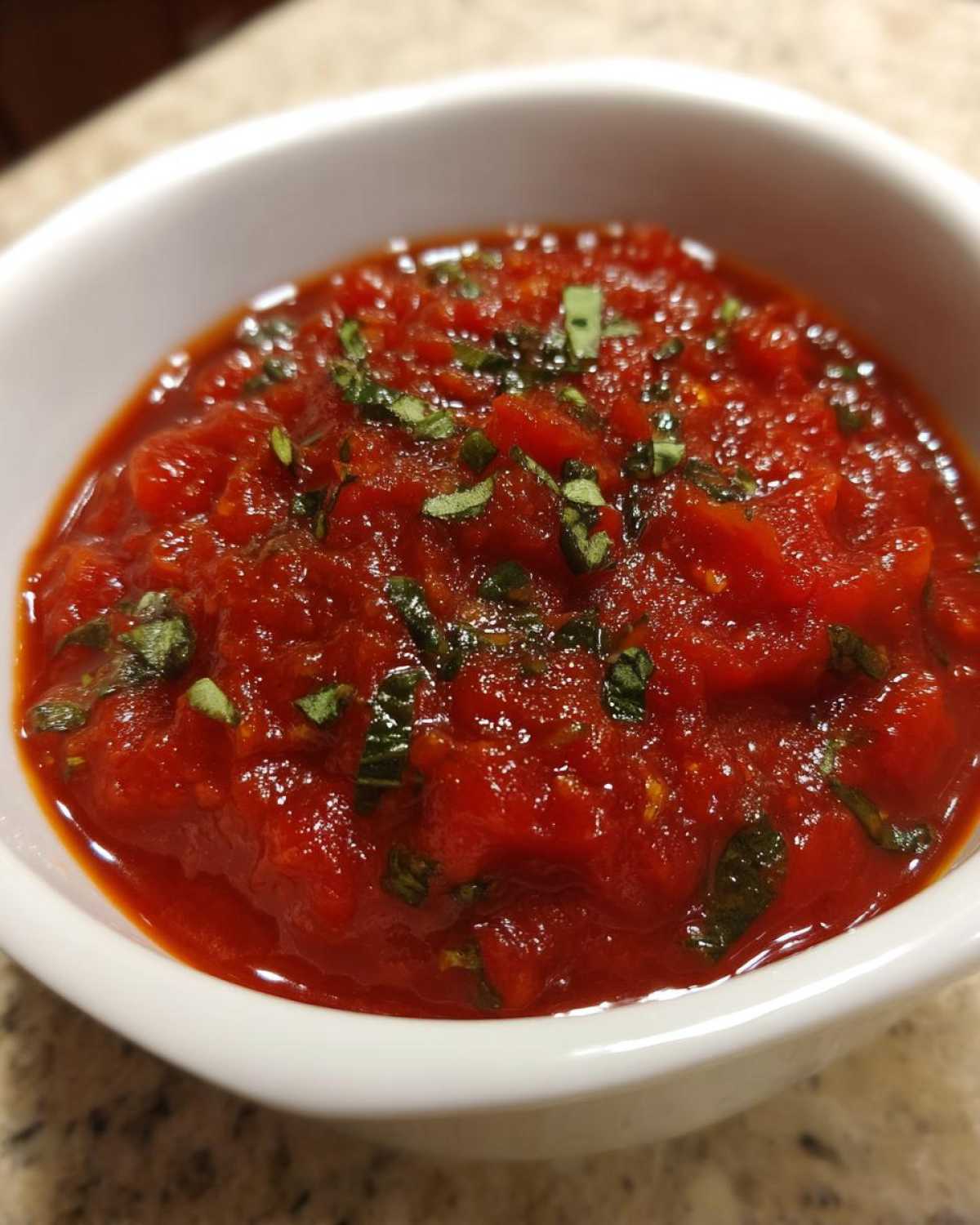 A close-up view of rich, chunky homemade tomato sauce topped with fresh chopped basil.