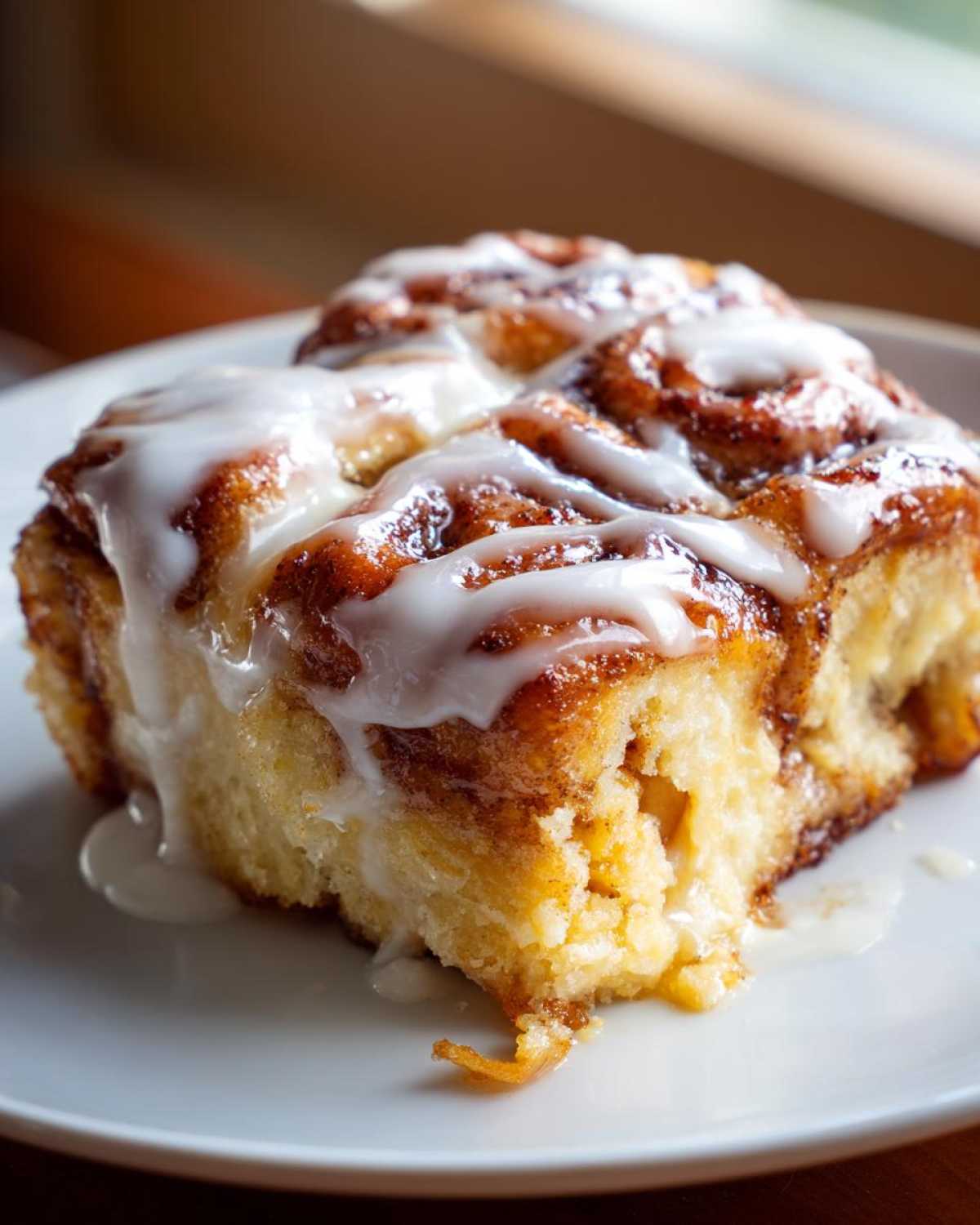 A close-up shot of a square serving of gooey cinnamon roll casserole topped with thick white icing.