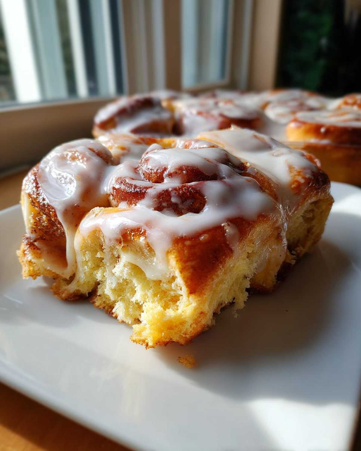 A close-up of a soft, golden slice taken from a Cinnamon roll casserole, dripping with white icing.
