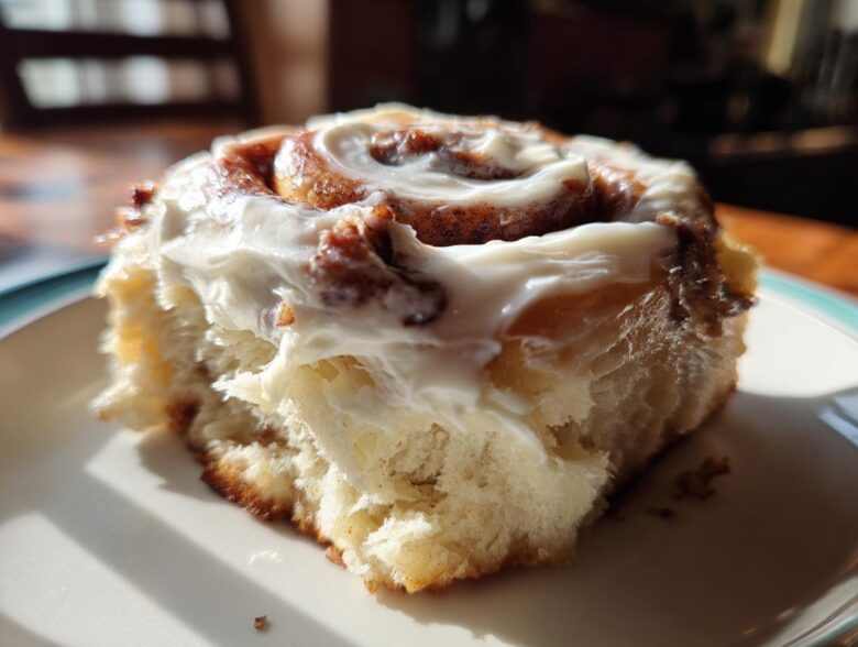 Close-up of a fluffy cinnamon roll generously topped with thick, white cream cheese frosting.