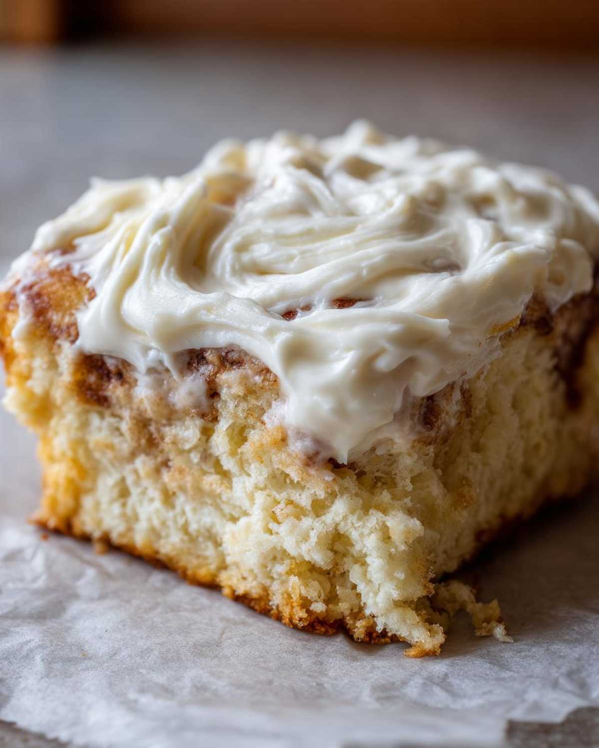 Close-up of a fluffy cinnamon roll generously topped with thick, swirled cream cheese frosting.