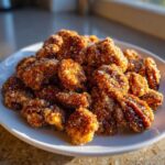 A pile of glistening cinnamon sugar pecans coated heavily in sparkling sugar crystals, served on a white plate.