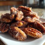 A pile of freshly made, glistening cinnamon sugar pecans coated heavily in sparkling sugar crystals, served on a small white dish.
