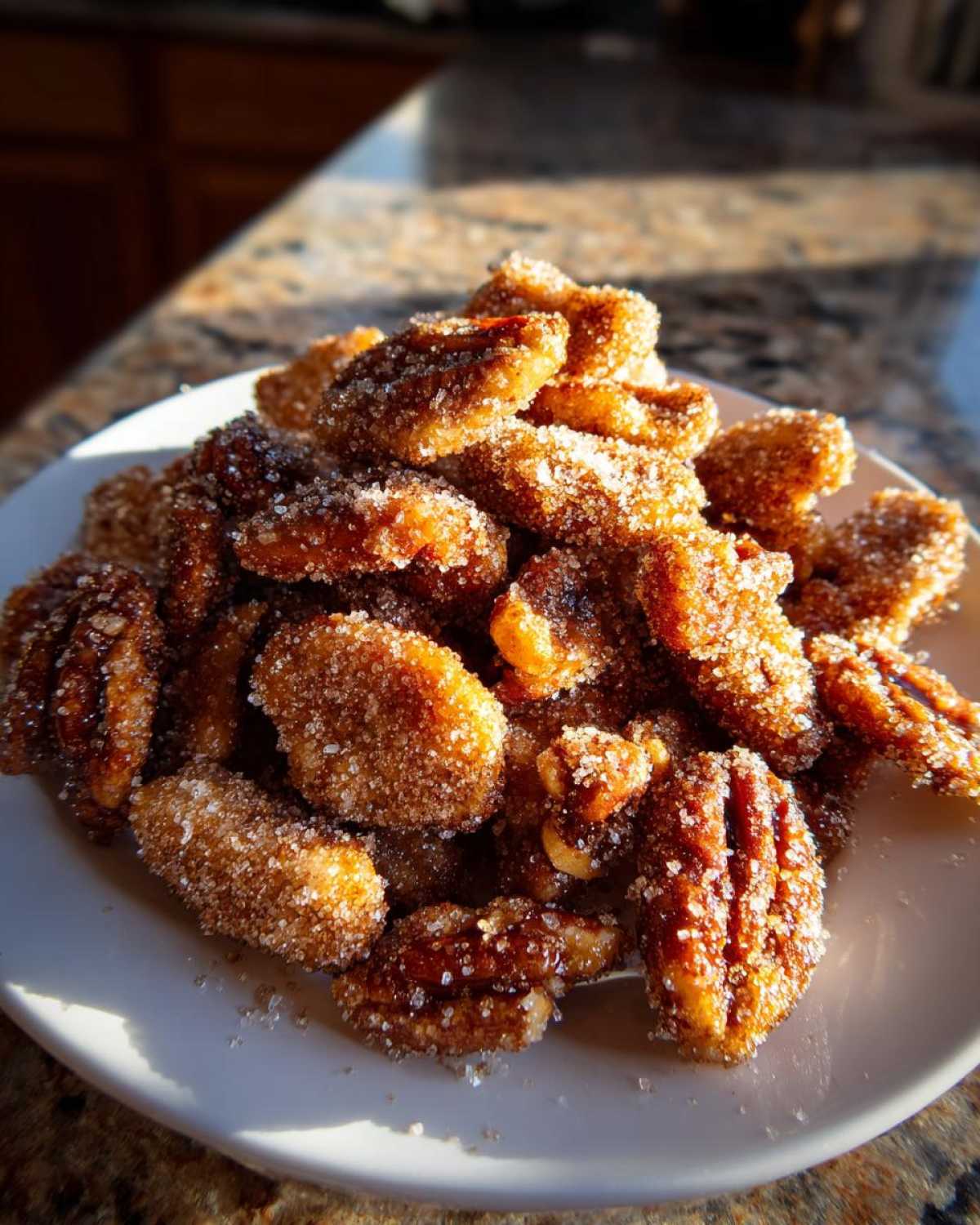 A close-up, sunlit pile of freshly made cinnamon sugar pecans coated heavily in sparkling sugar crystals.