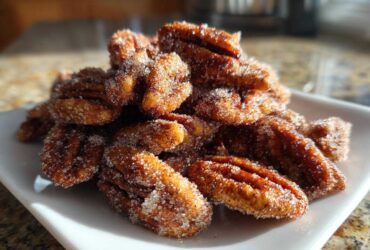 A pile of freshly made, glistening cinnamon sugar pecans coated heavily in sparkling sugar crystals, served on a small white dish.
