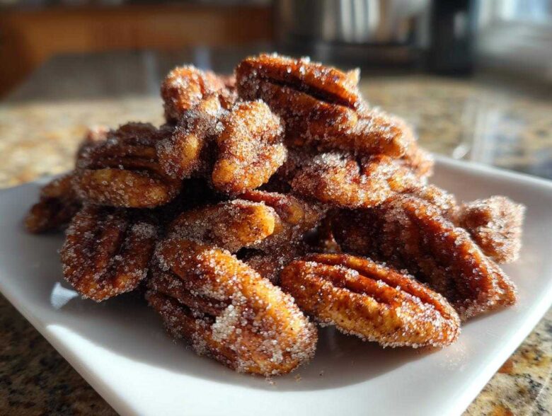 A pile of freshly made, glistening cinnamon sugar pecans coated heavily in sparkling sugar crystals, served on a small white dish.