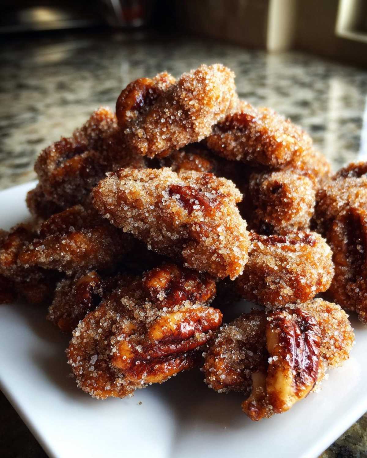 A close-up pile of freshly made cinnamon sugar pecans coated heavily in sparkling sugar crystals.