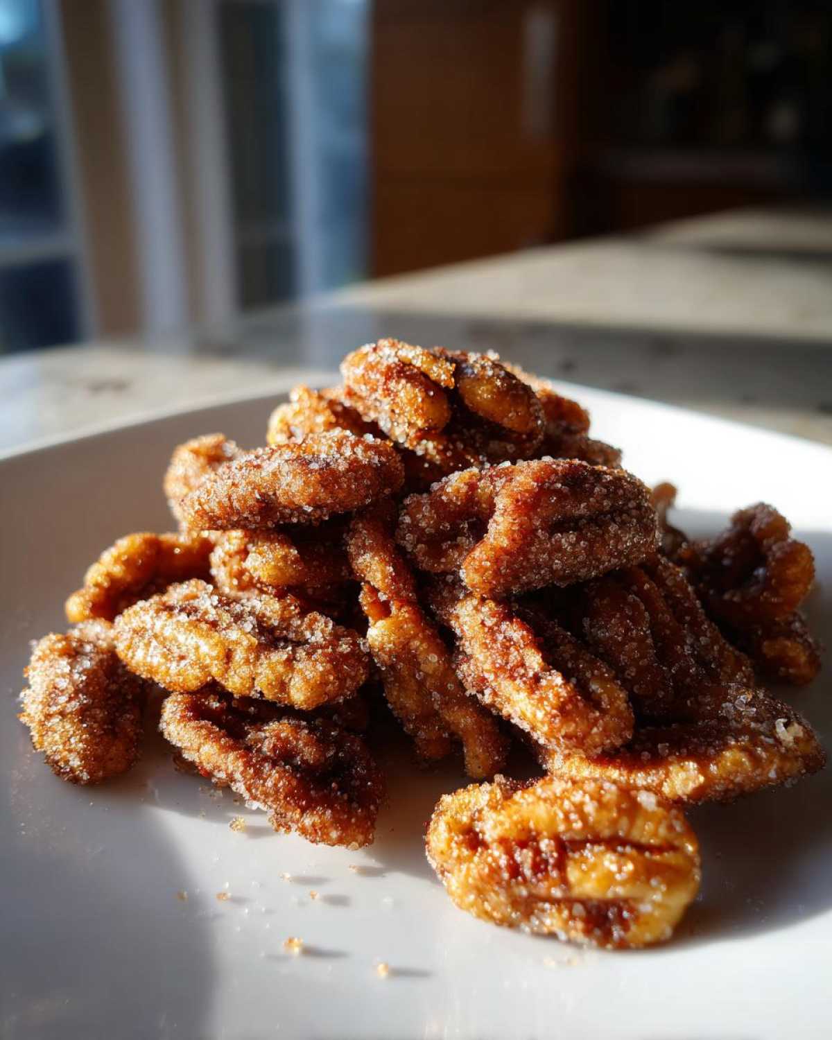 A close-up pile of freshly made cinnamon sugar pecans glistening with sugar crystals on a white plate.