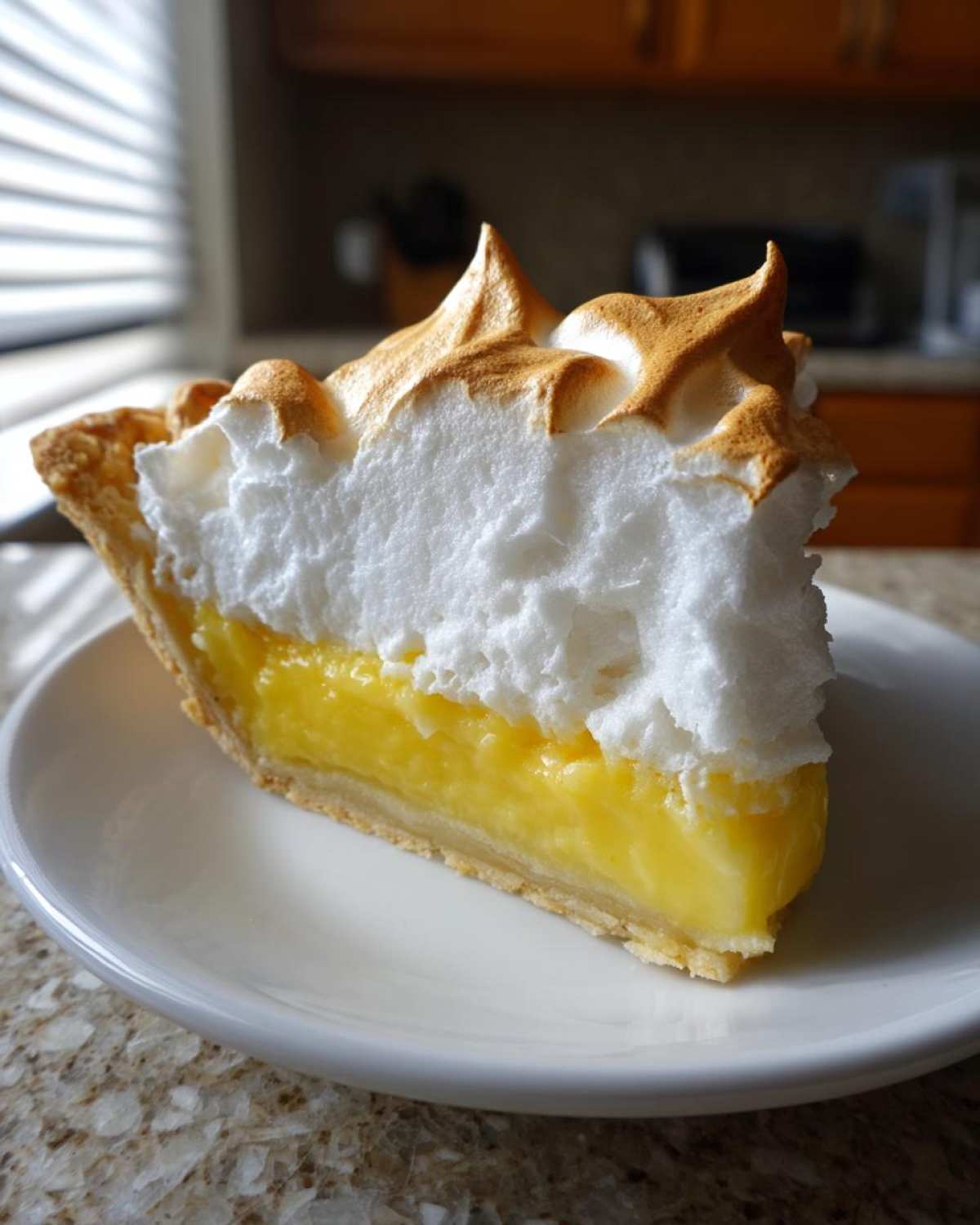 A perfect slice of classic lemon pie featuring bright yellow filling and tall, toasted meringue peaks.