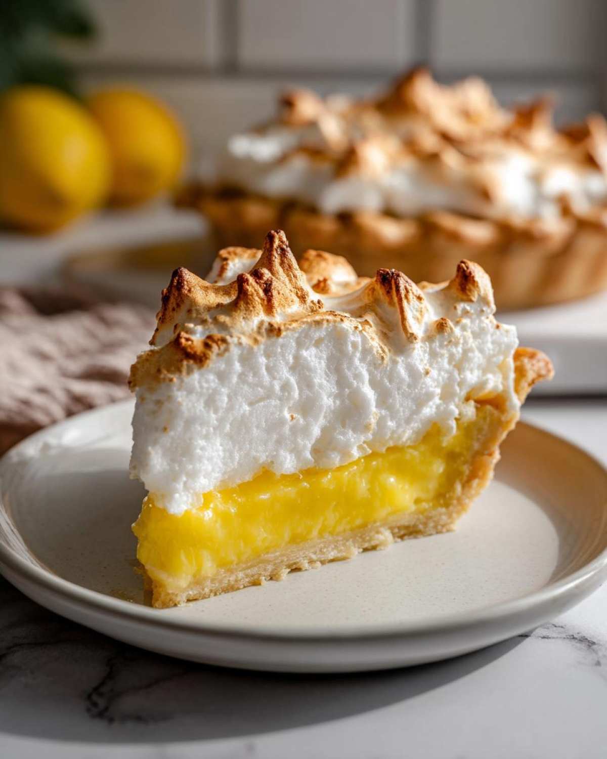 Close-up of a perfect slice of lemon pie showing bright yellow filling and tall, toasted meringue topping.